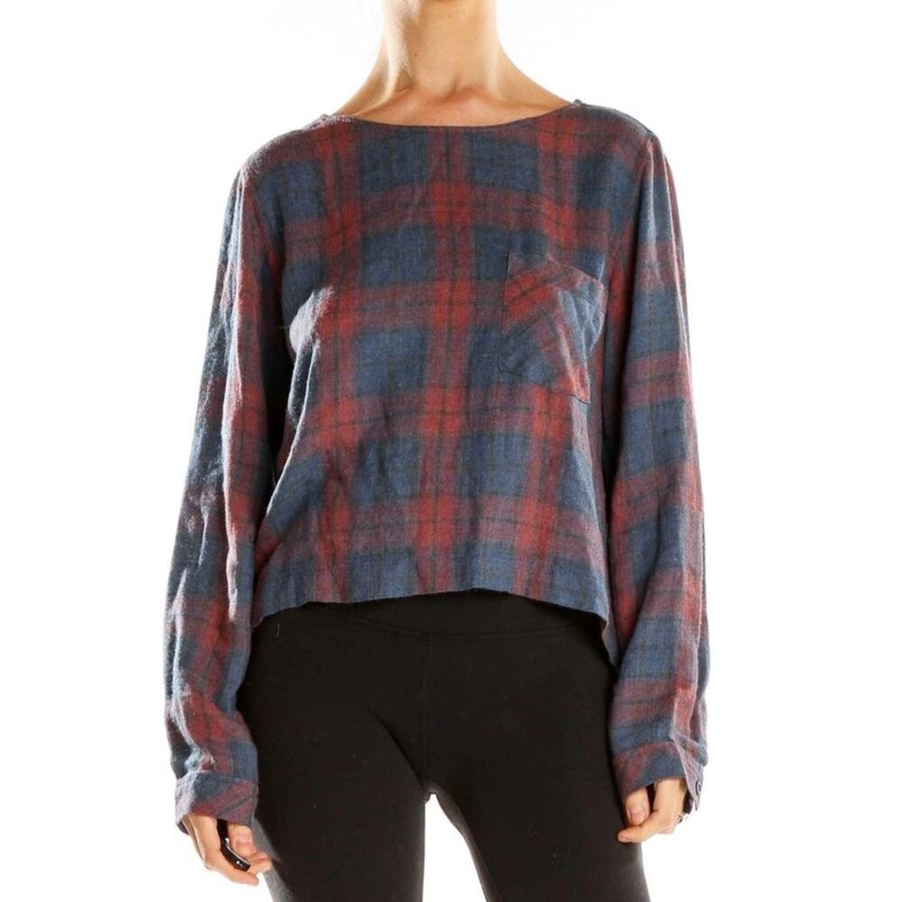 Anthropologie Cloth & Stone Flowing Clay & Blue Plaid Lace Up Back Detail Blouse